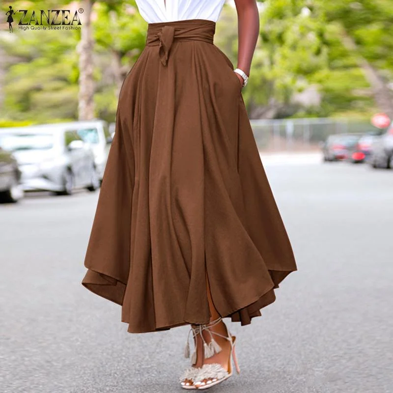 High Waist A-line Skirt ZANZEA Women Skirts Summer Vintage Zipper Long Maxi Skirts Solid Irregular Beach Skirt Faldas Saia S-