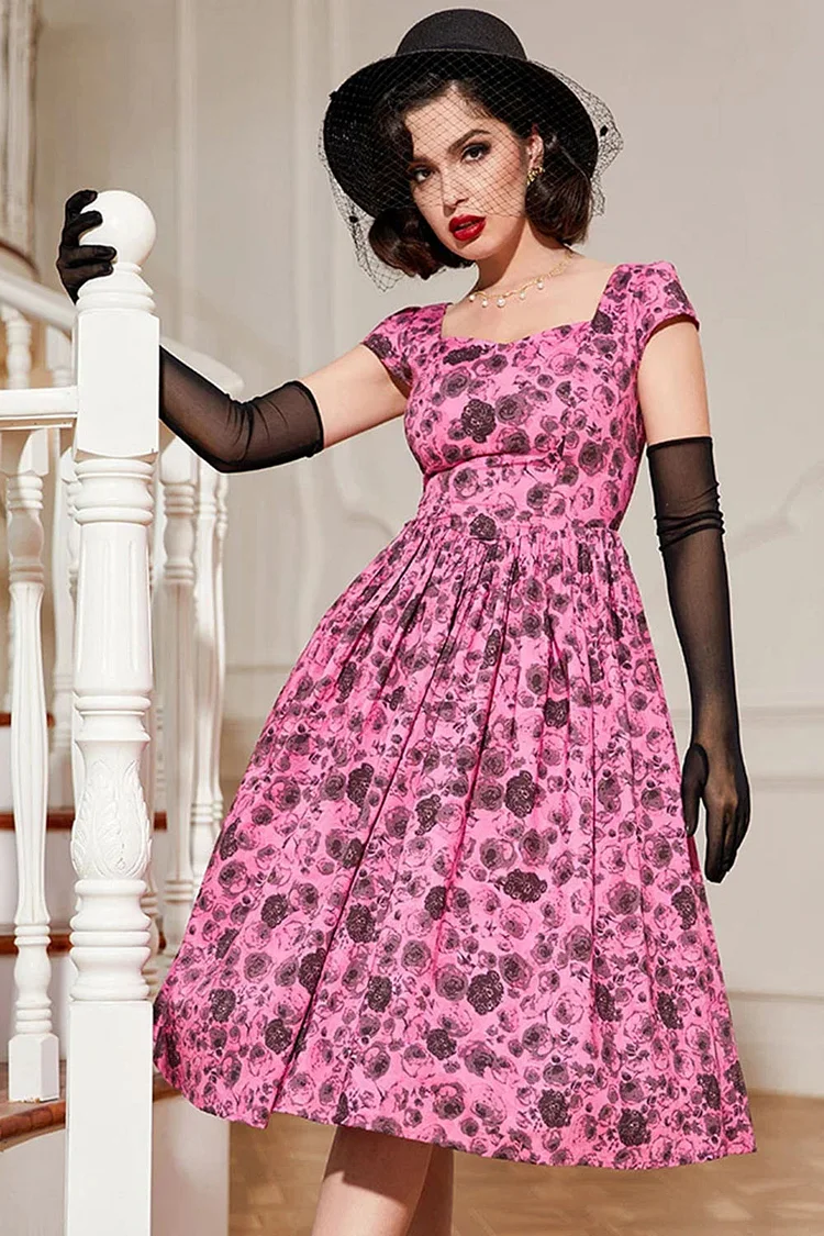 1950s Pink Casual Black Roses Print Square Neck A-line Swing Midi Dress [In Stock]
