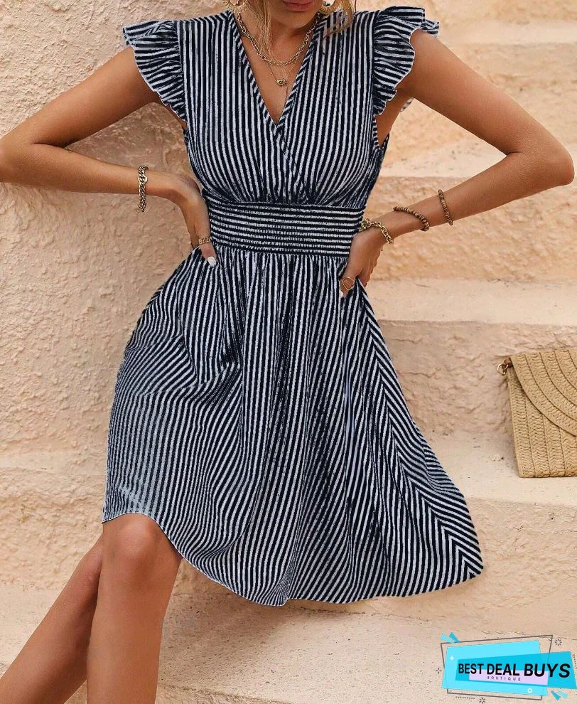 Fashion Striped Shoulder Short Sleeve Dress