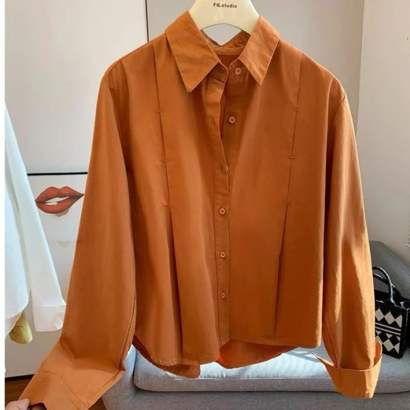 Athvotar Athvotar Cotton Short Loose Shirt Women 2025 Spring Dress New Casual Long-Sleeved Small Orange Shirt Woman