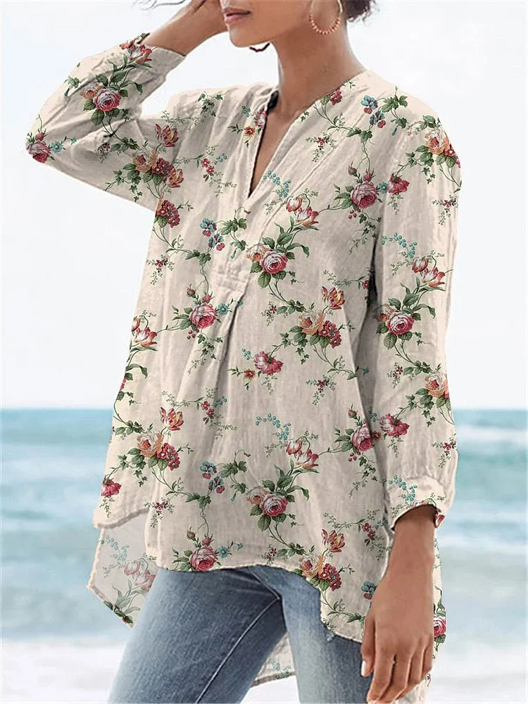 70s Style Vintage Rose Pattern Printed Women's Casual Linen V-Neck Shirt