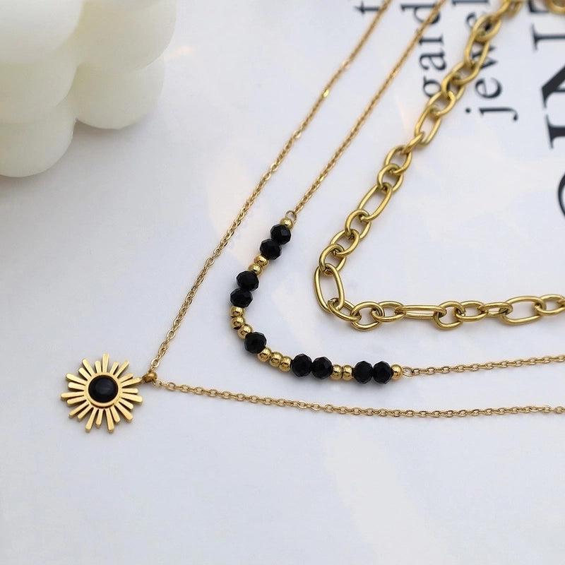 Minimalist Sun Titanium Steel Artificial Gemstones 18K Gold Plated Beaded Inlay Three Layer Necklace