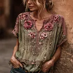 Women's Bohemian Rose Embroidery Pink Green Crew Neck Short Sleeve Top - Image 2