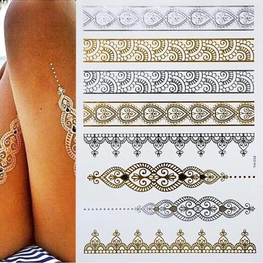 Flash Metallic Waterproof Temporary Tattoo Gold Silver Tatoo Women Henna Mandala Flower Lace Taty Indian Arabic Tattoo Sticker