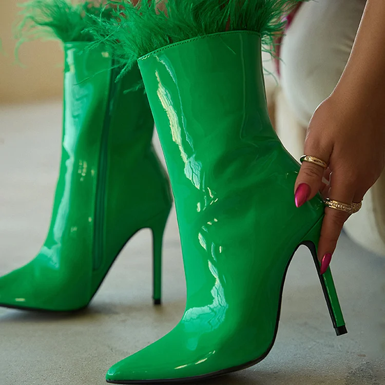 Women's Green Mirror Leather Shoe Furry Poined Stiletto Mid Calf Boots |FSJ Shoes