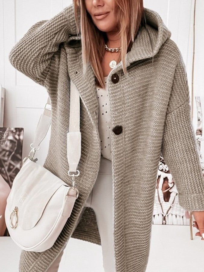 Women Long Sleeve Hooded Cardigan Soild Knit Sweaters Coats