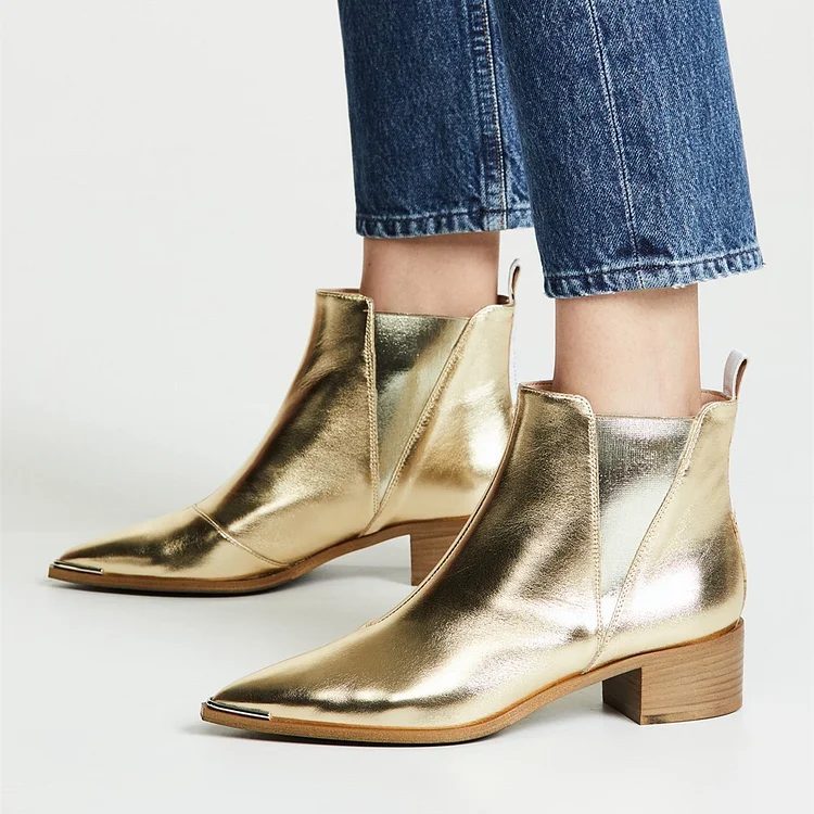Gold Chelsea Boots Pointy Toe Slip-on Chunky Heel Boots|FSJshoes