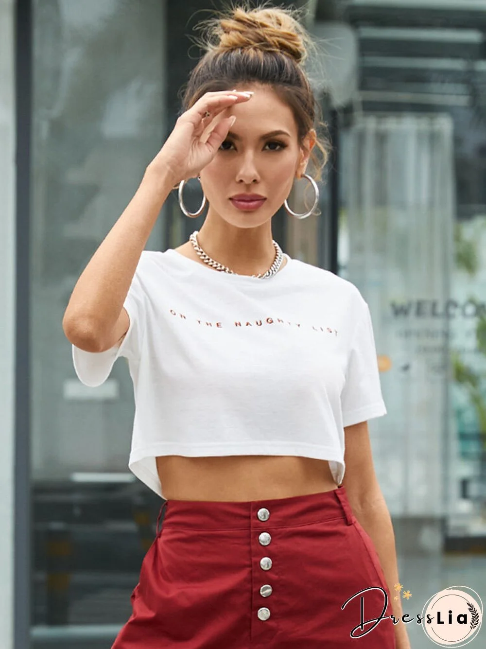 Letters Print O-neck Short Sleeve Casual Crop Top for Women