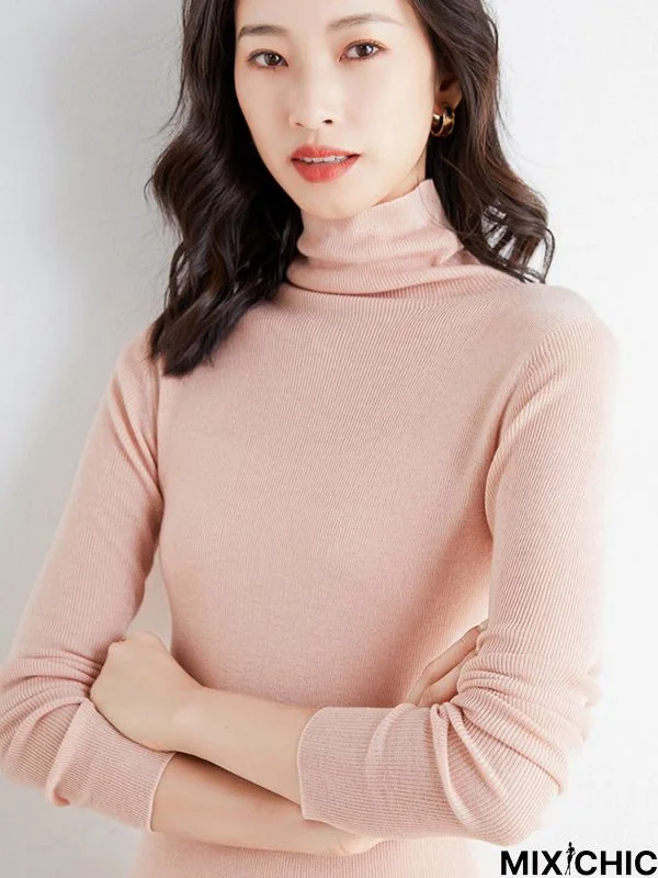 Simple Skinny Long Sleeves Solid Color High-Neck Sweater Tops Pullovers