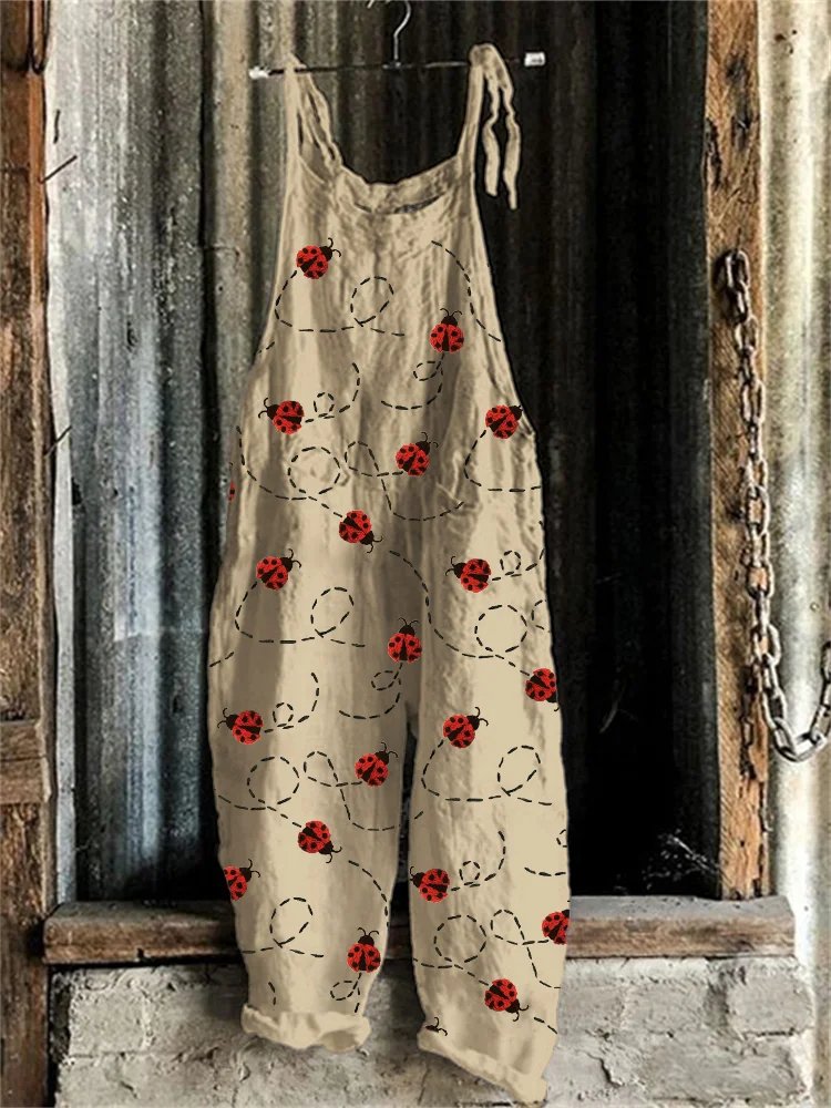ladybugs Embroidery Pattern Loose Fit Jumpsuit