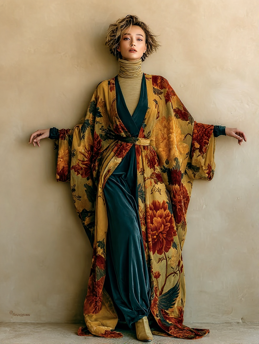 Women's Velvet Vintage Printed Cardigan Gown