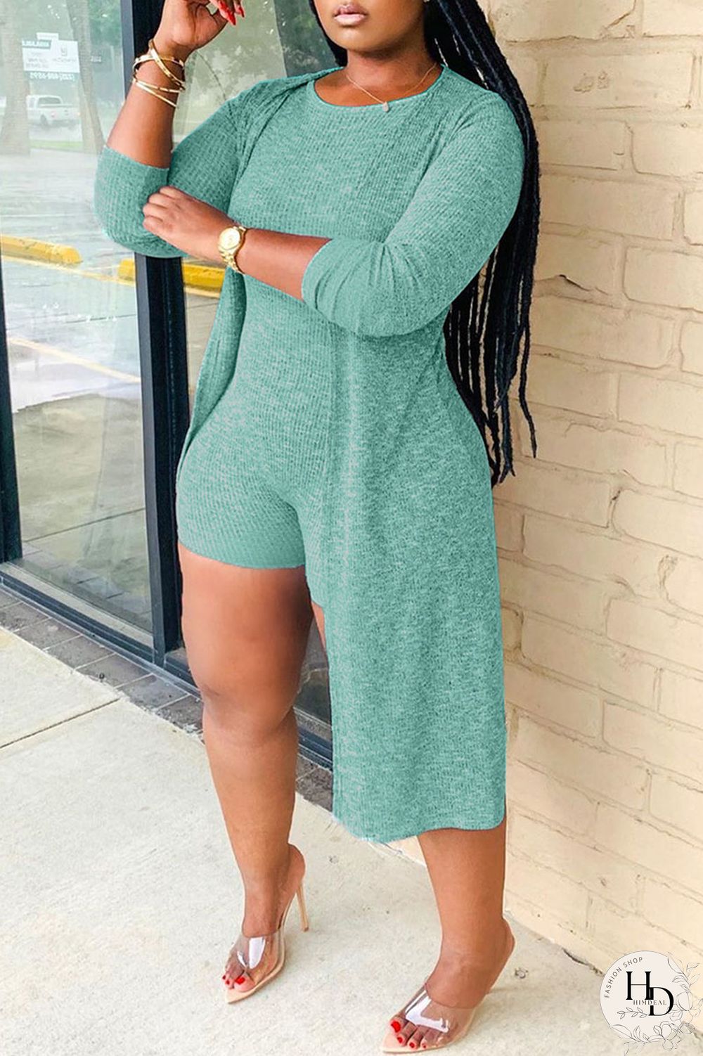 Grey Fashion Casual Solid Cardigan O Neck Plus Size Two Pieces