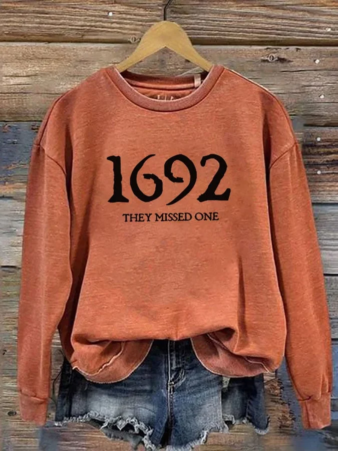Women's 1692 They Missed One Salem Witch Printed Round Neck Long Sleeve Sweatshirt socialshop