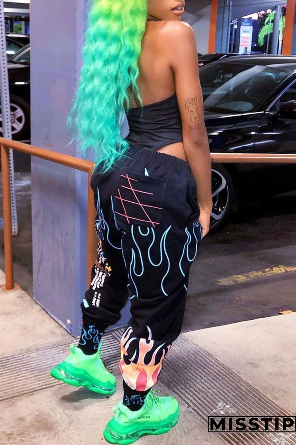 Black Fashion Casual Print Basic Regular High Waist Trousers