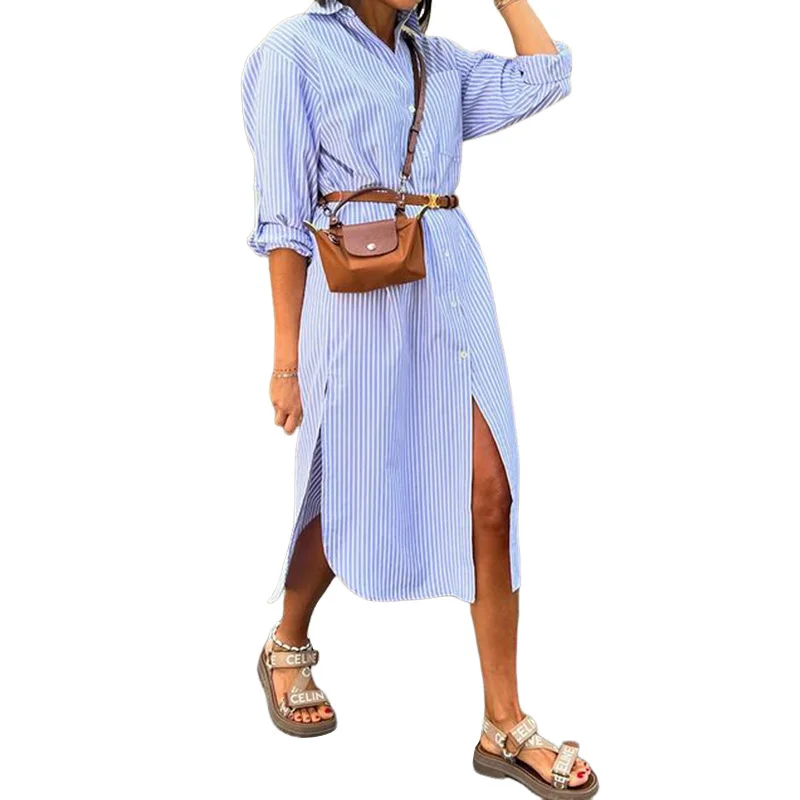 Woherb Woherb Spot Fall 2024 New Ladies Fashion Stripe Print Medium Long Dress-Outfit Ideas