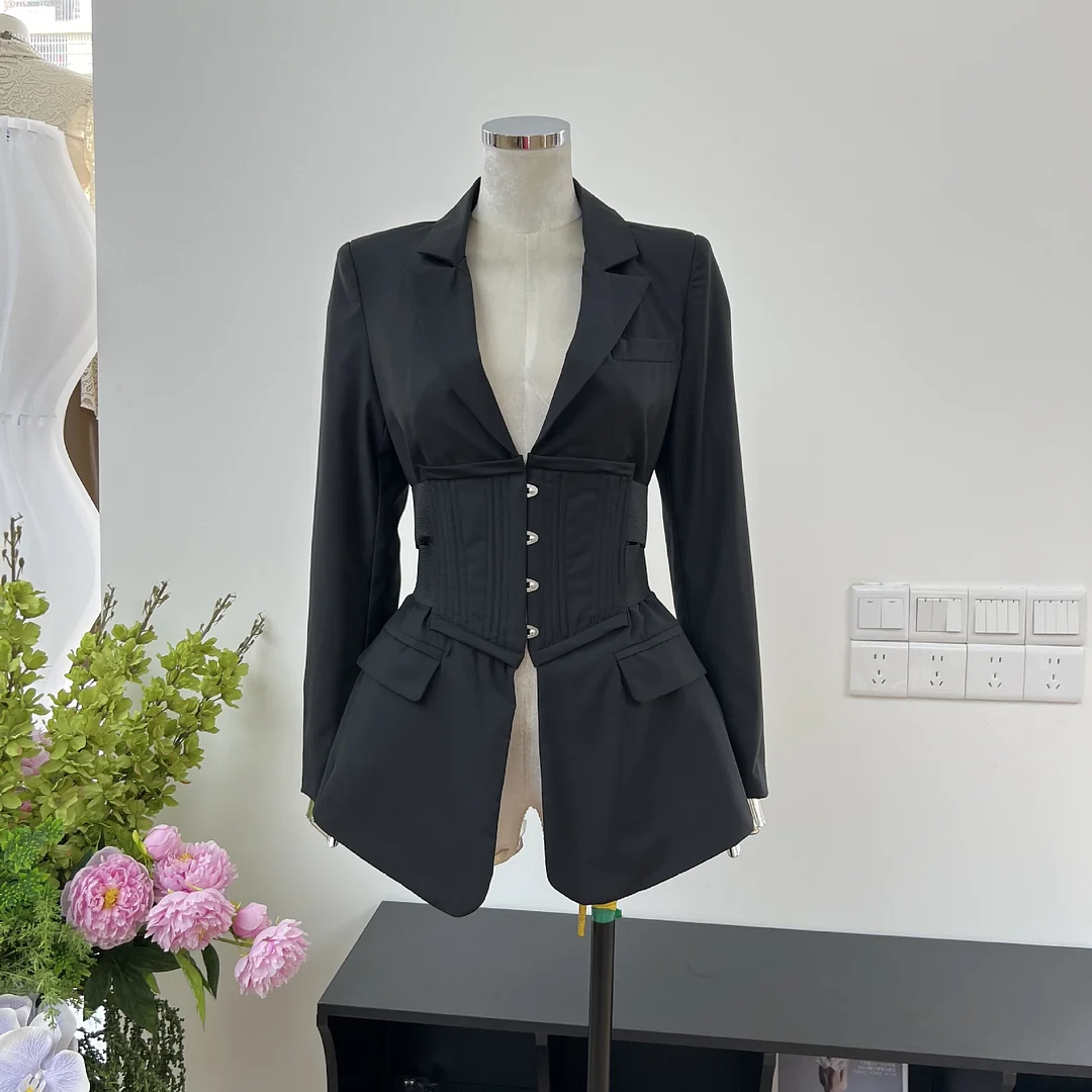 Brownm Autumn Station Pop Cool Fried Street Repair Fish Bone Girded Waist Thin Suit Coat Top Shirt
