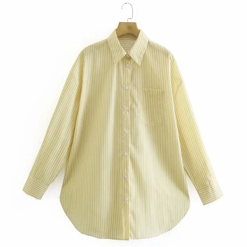 Snican Yellow Striped Shirts Fashion Office Ladies Blouse Za Women Tops Chemisier Femme Chandails Vintage Blusas Oversized 2021