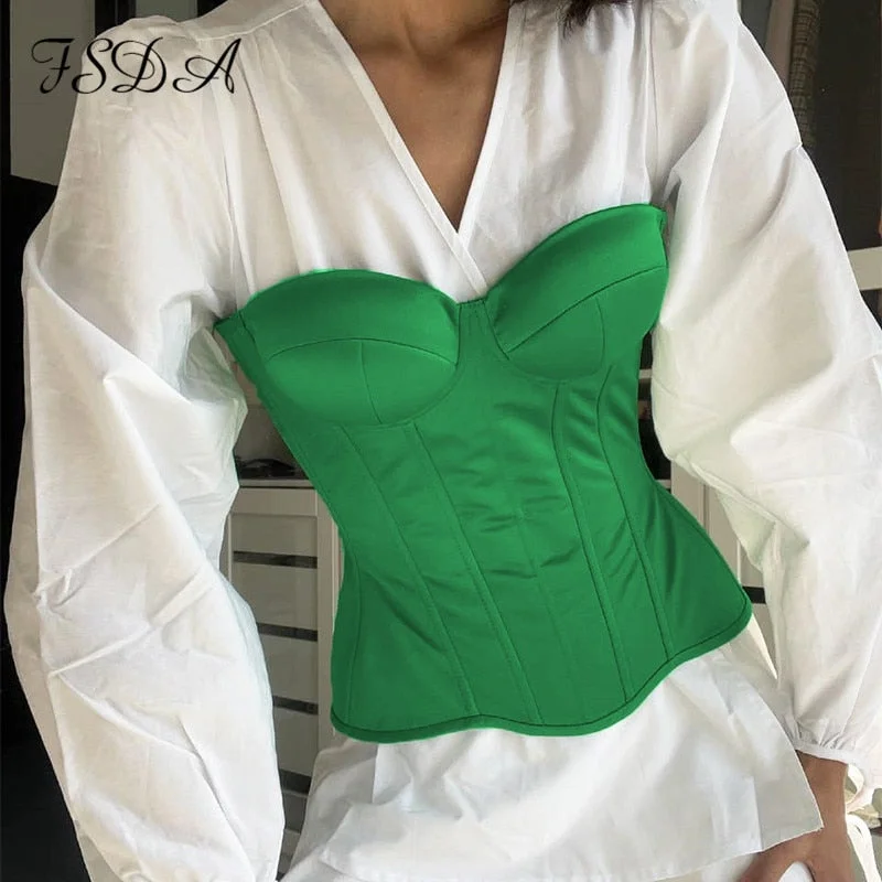 2022 Satin Corset Crop Top Strapless Green Summer Sexy Tube Off Shoulder Party Sleeveless Bustier Tank Tops Women