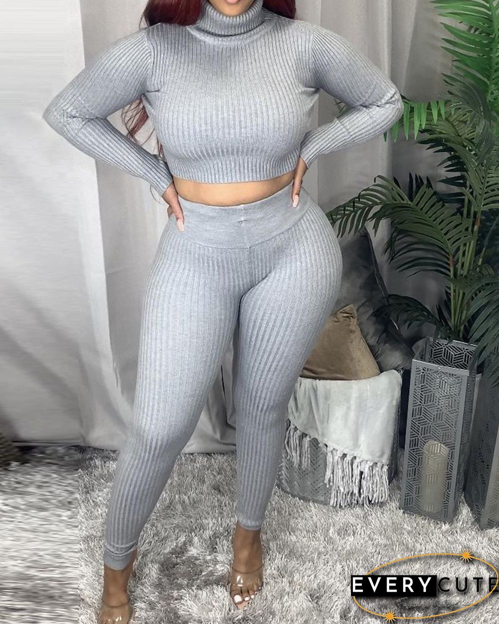 Ribbed High Neck Crop Top & Pants Set