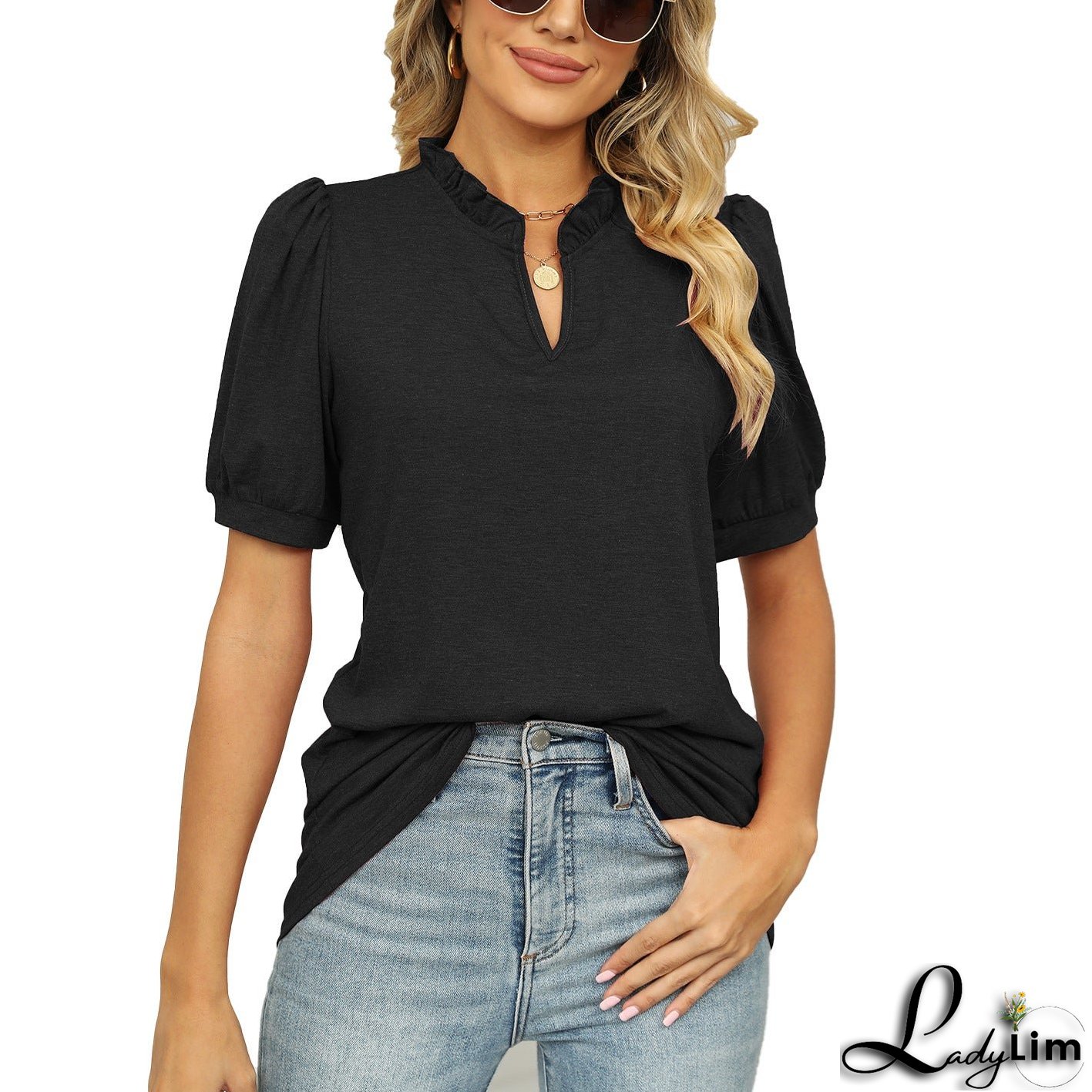 V-neck Shrink Pleated Short Sleeve Loose T-shirt Top For Women