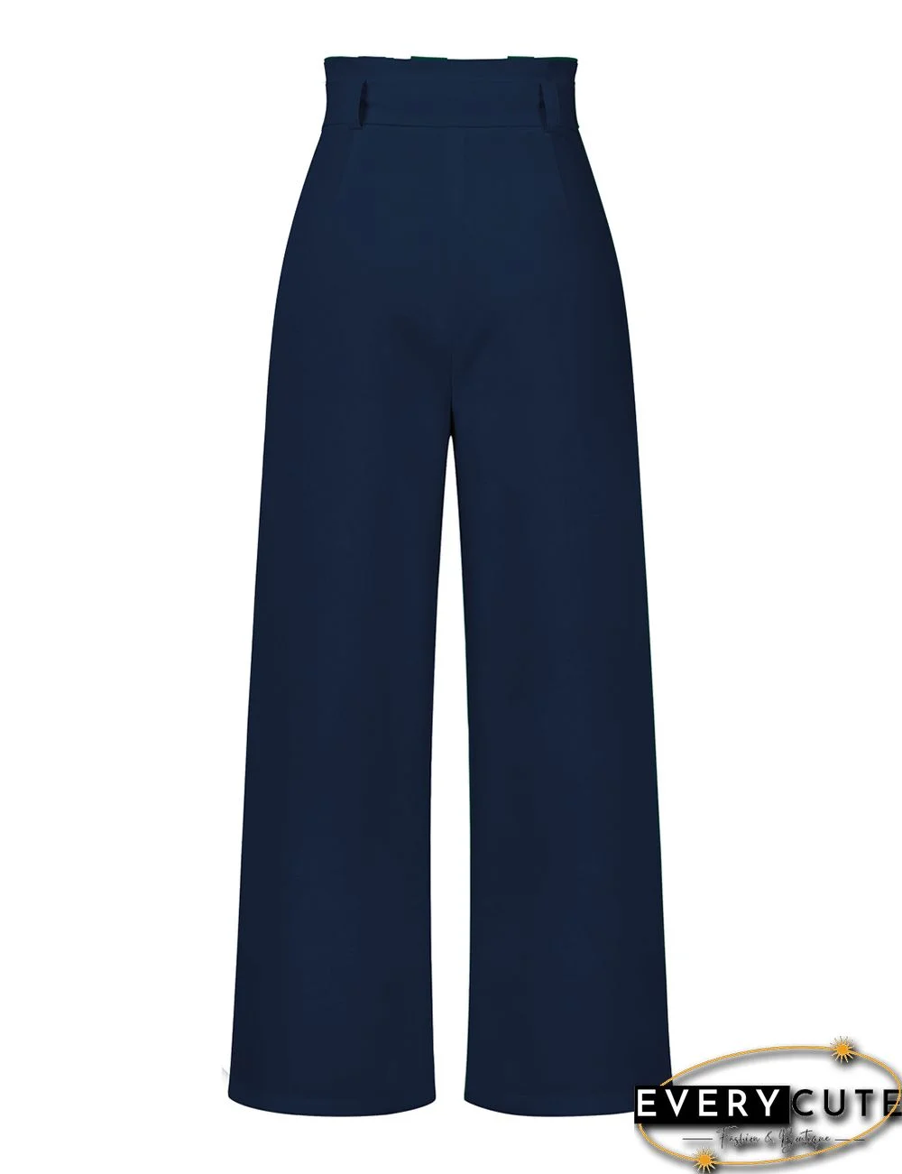 Navy Blue Wide Leg High Waist Pocket Pants with Belt