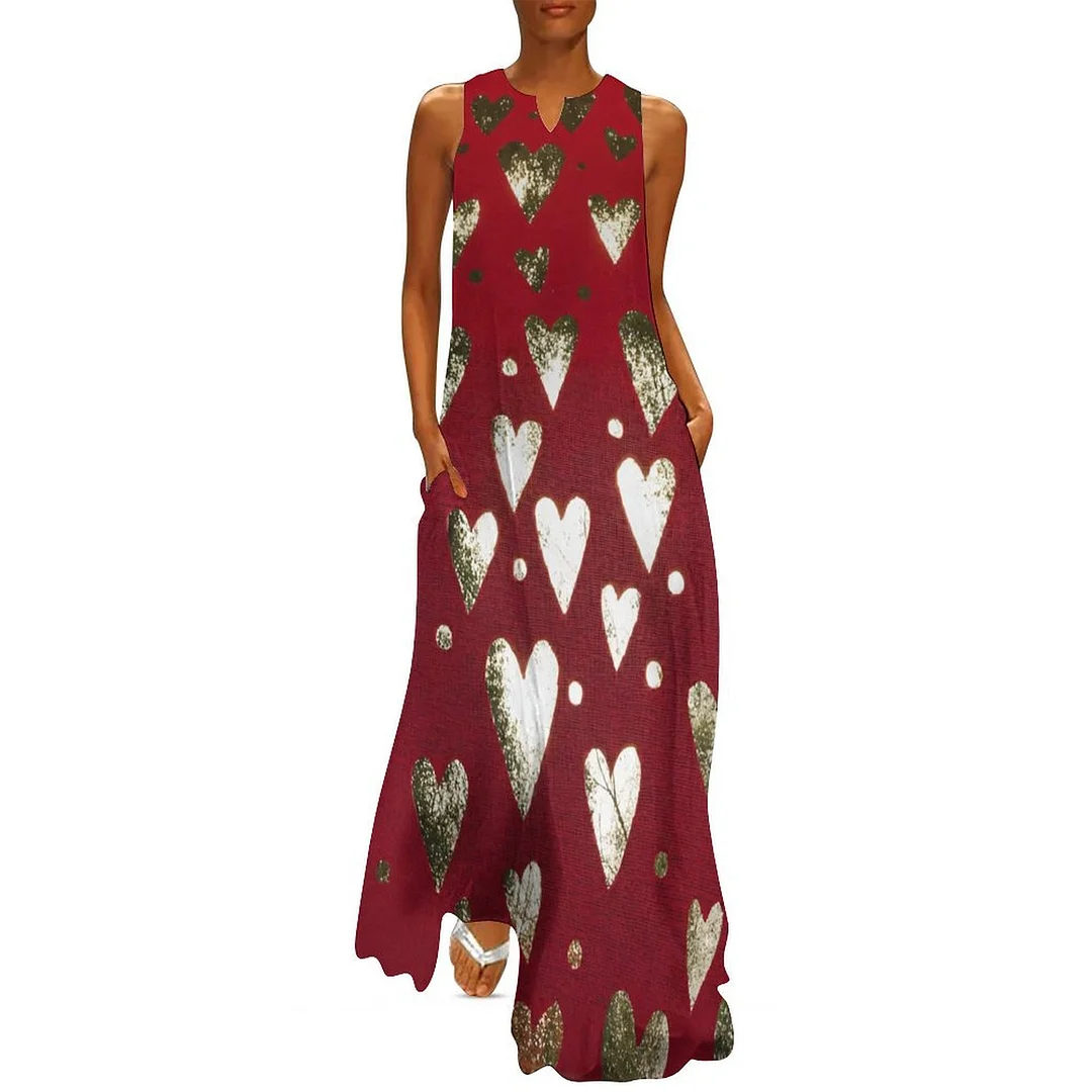 Style & Comfort for Mature Women Plus Size Printed Sleeveless Casual Women Maxi Dress with Pockets in Pattern Heart, Love, Valentine's Day