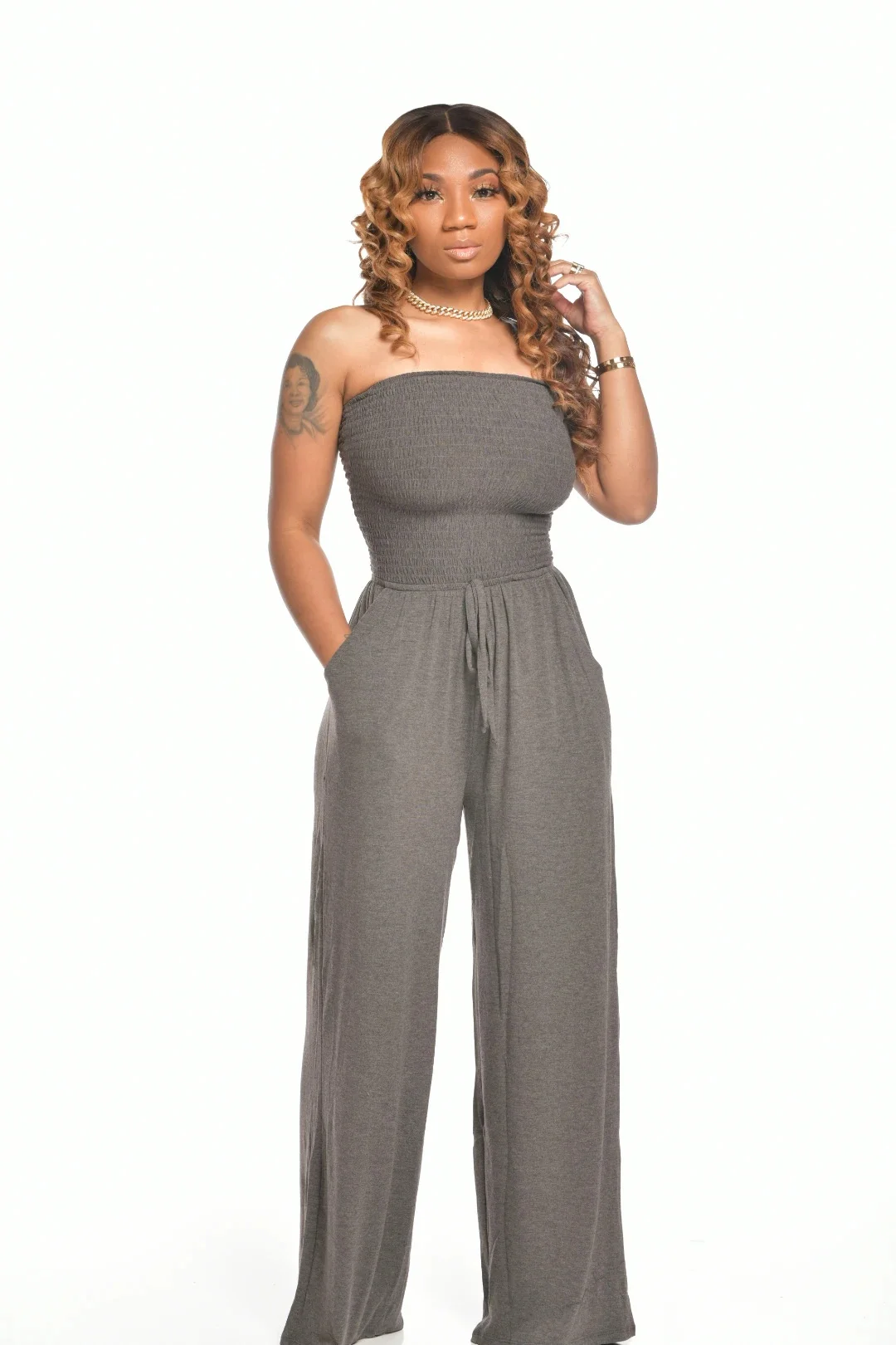 Toloer Toloer New Women's Casual Flat Shoulder Wrapped Chest Wide-Leg Jumpsuit-Outfit Ideas