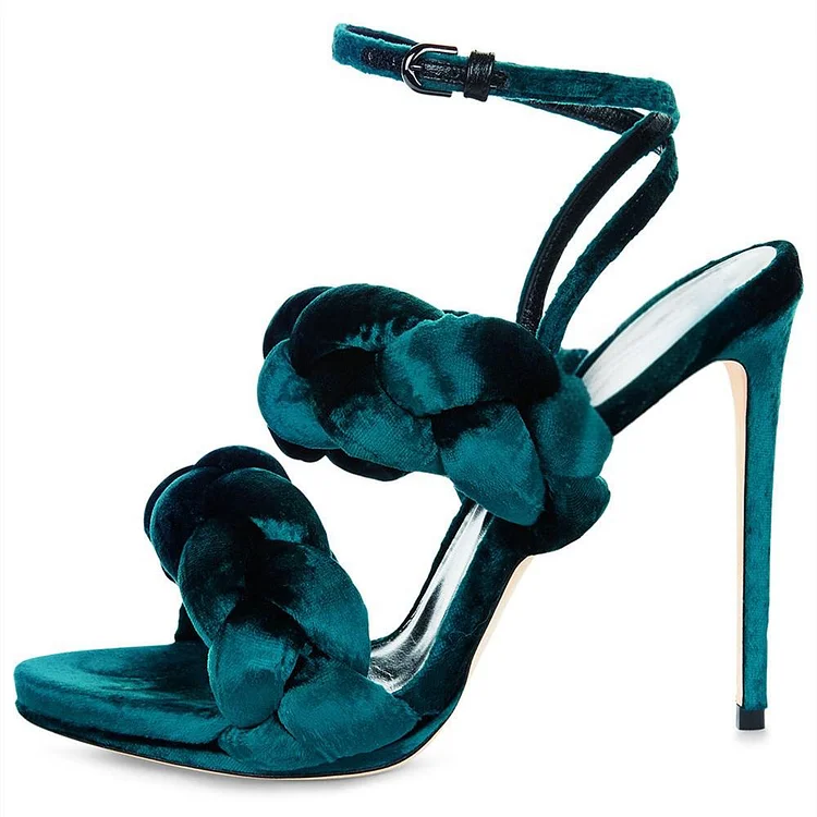 Teal Velvet Ankle Strap Stiletto Heel Shoes for Prom Vdcoo