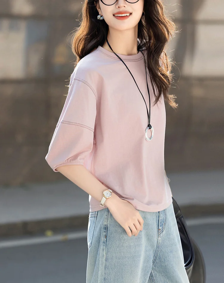 Athvotar Athvotar Collar Seven-Sleeved T-Shirt Girl 2025 Summer New Relaxed Leisure Age Cut Lantern Sleeve Top