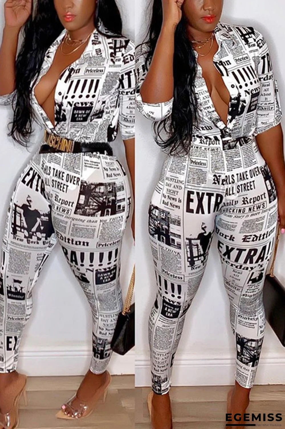 White Fashion Sexy Slim fit Two Piece Suits Geometric Letter asymmetrical Print Skinny Half Slee | EGEMISS