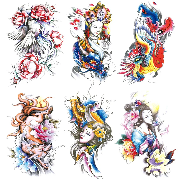 6 Sheets Old School Color Guanyin Buddha Bird Phoenix Dragon Fox Carp Lotus Temporary Tattoos