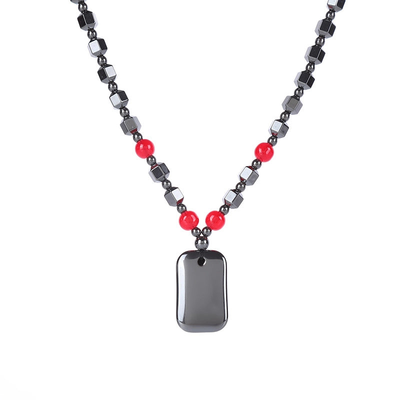 Chinoiserie Geometric Hematite Beaded Unisex Pendant Necklace