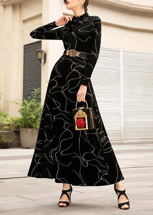 French black cotton tunic top wild Plus Size high neck Dresses