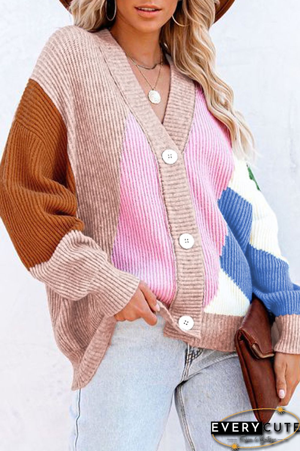 Pink Color Block Buttons Drop-Shoulder Sleeve Cardigan