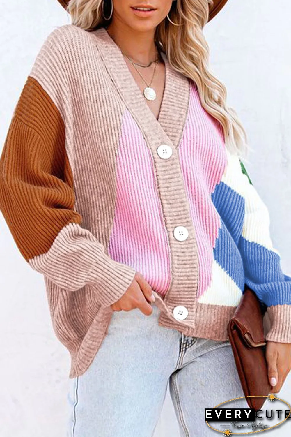 Pink Color Block Buttons Drop-Shoulder Sleeve Cardigan