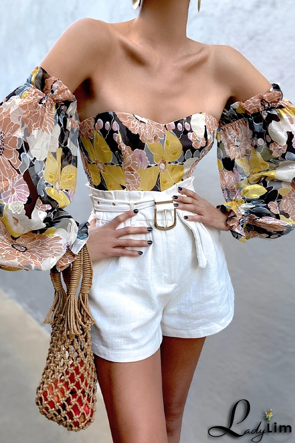 Khaki Fashion Print Patchwork Off the Shoulder Tops