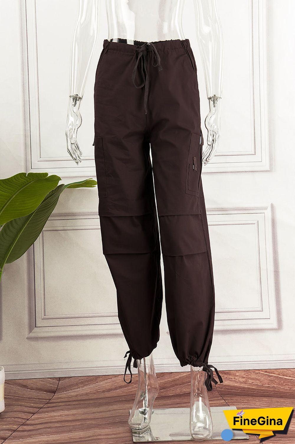 Brown Casual Street Solid Patchwork Pocket Loose Low Waist Wide Leg Solid Color Bottoms