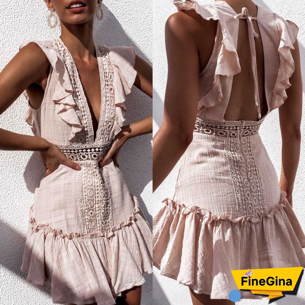 Ruffle Top Deep Plunging Eyelet Lace Crochet Frill Hem Dress