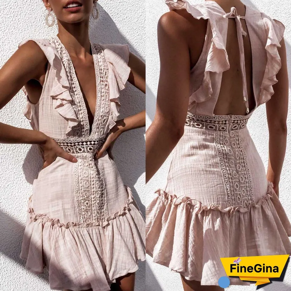 Ruffle Top Deep Plunging Eyelet Lace Crochet Frill Hem Dress