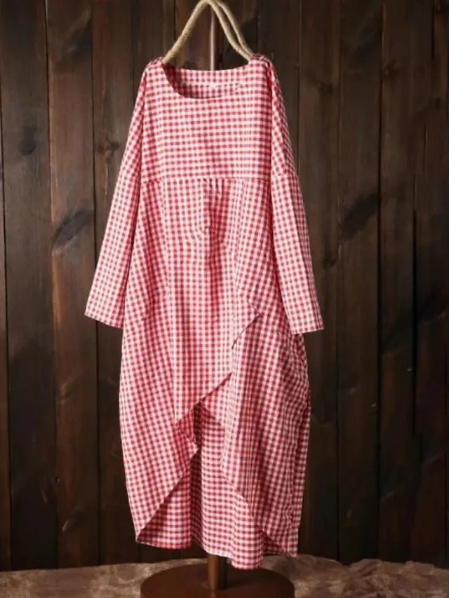 Casual Dress Shift Print Plaid Loose Crewneck Midi Active Classic Daily Vacation Long