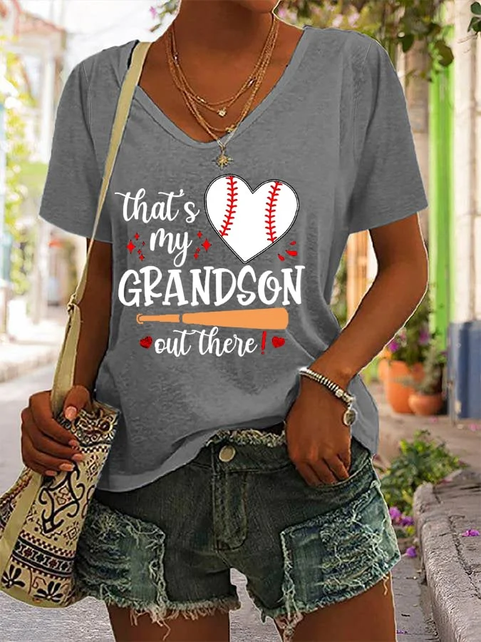 Women's That's My Grandson Out There Baseball Grandma V-Neck Tee socialshop
