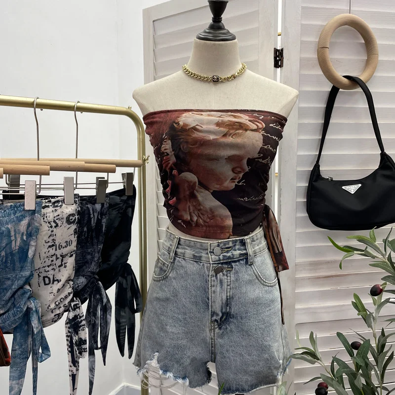 Brownm Explosion Recommended Y2k Hottie Braid Small Sling Belt With Chest Mat Tie Mesh Yarn Tidly Wrapped Bra T-Shirt 1391