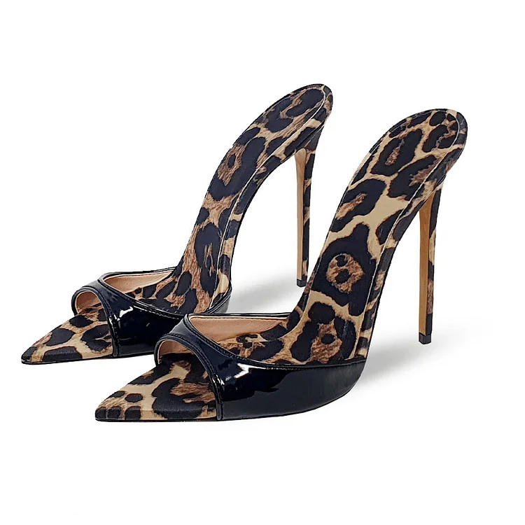 Black Patent Leather Animal Print Pointy Toe Heeled Mules Sandals |FSJ Shoes