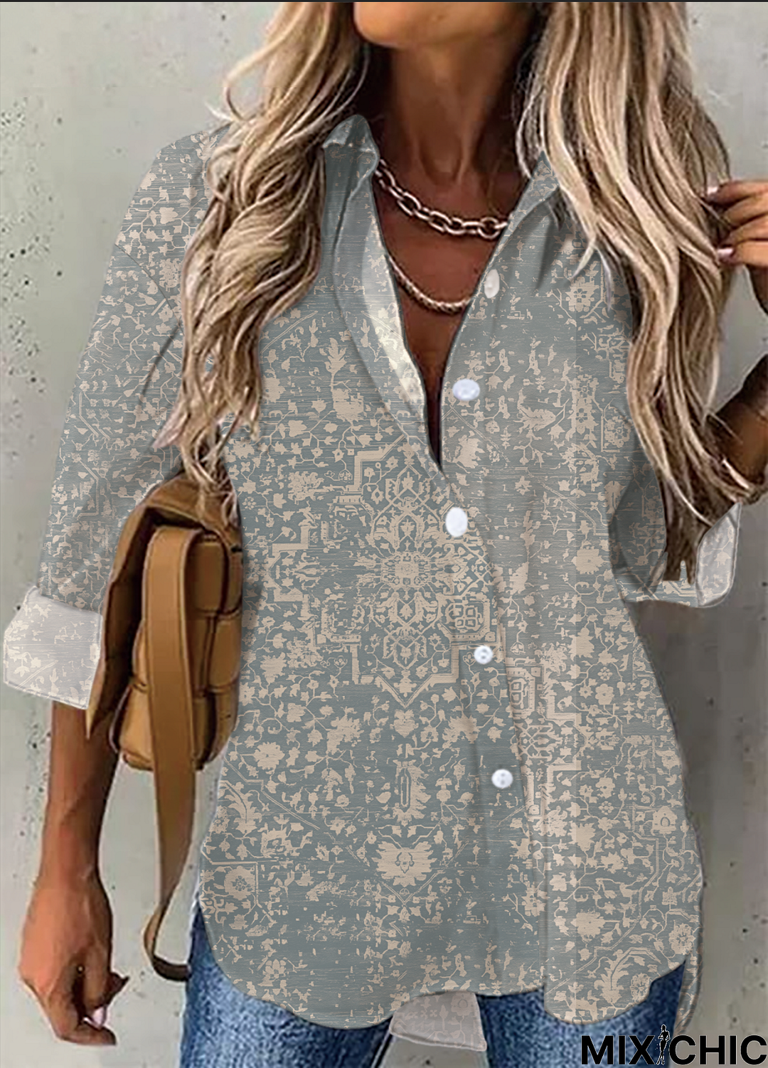 Casual Ethnic Shawl Collar Long sleeve Loose Tunic Blouse