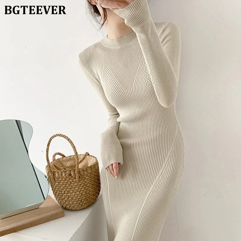 BGTEEVER O-neck Slim Sweaters Bodycon Dress for Women 2021 Autumn Winter Knitted Vestidos Femme Full Sleeve Midi Female Dress