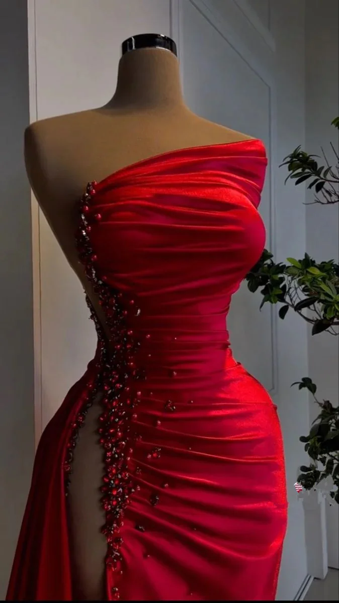 Red Pearl Strapless Prom Dress Long Slit Sleeveless YH0053