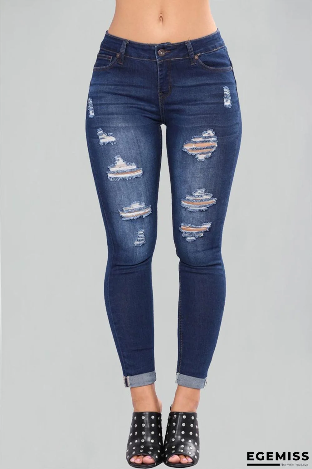Deep Blue Fashion Casual Broken Hole Denim Trousers | EGEMISS
