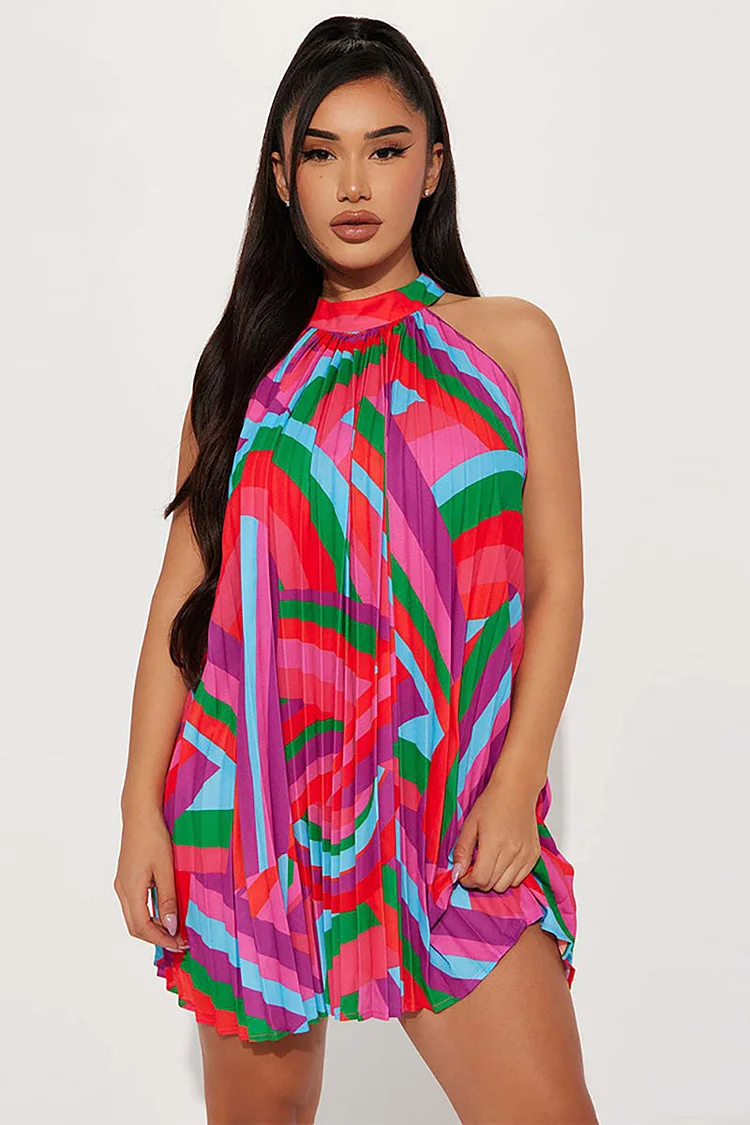 Geometric Print Pleated Sleeveless Loose Fit Beach Mini Dresses