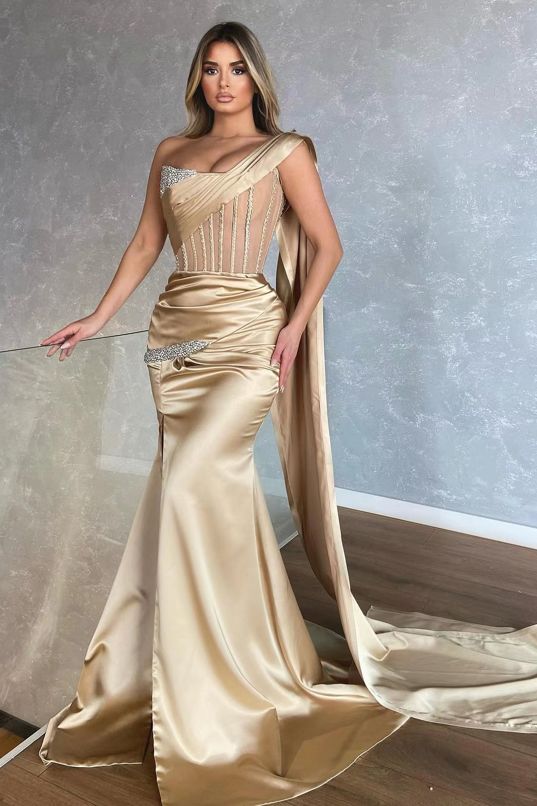 Amazing Champagne One Shoulder Sleeveless Mermaid Prom Dress With Slit Ruffles ED0440