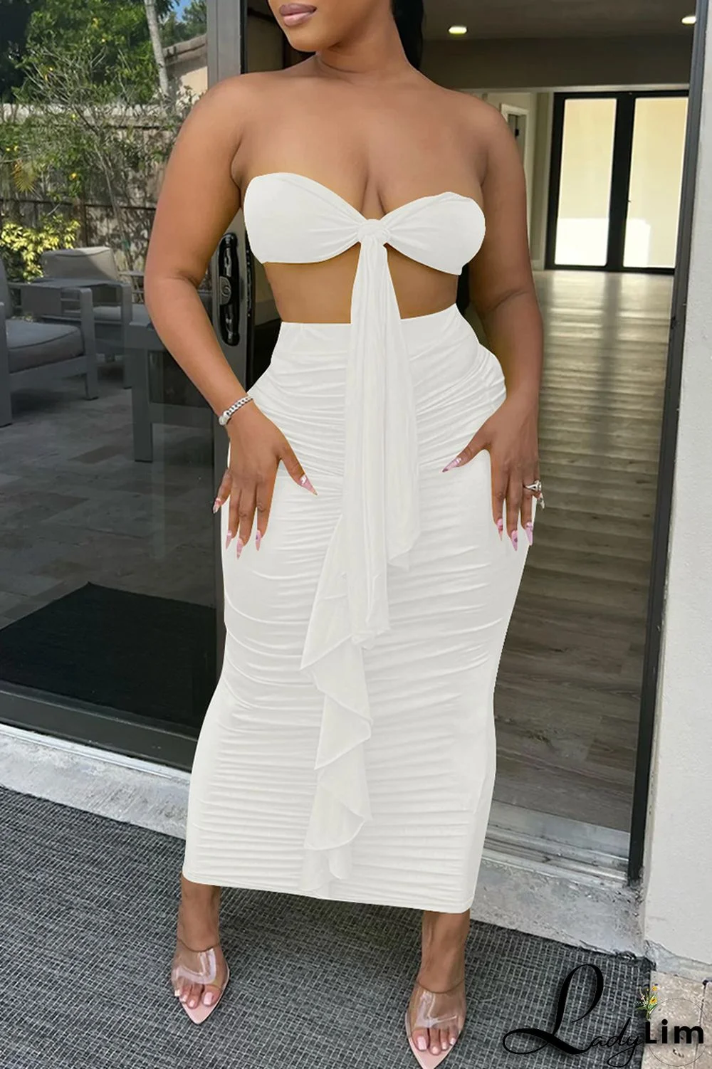 Yellow Fashion Sexy Solid Patchwork Backless Fold Strapless Sleeveless Two Pieces